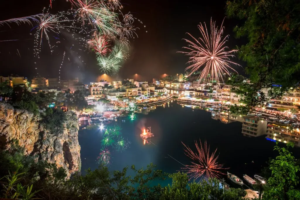Fireworks over the lake of Voulismeni at Agios Nikolaos Crete Greece during Easter